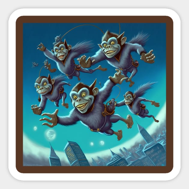 Flying monkeys dressed in blue and soaring over the city. Sticker by Liana Campbell